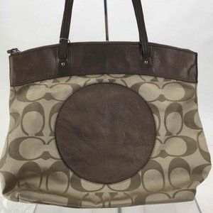 Coach Laura Brown Tan Leather Signature Jacquard Tote Bag Purse